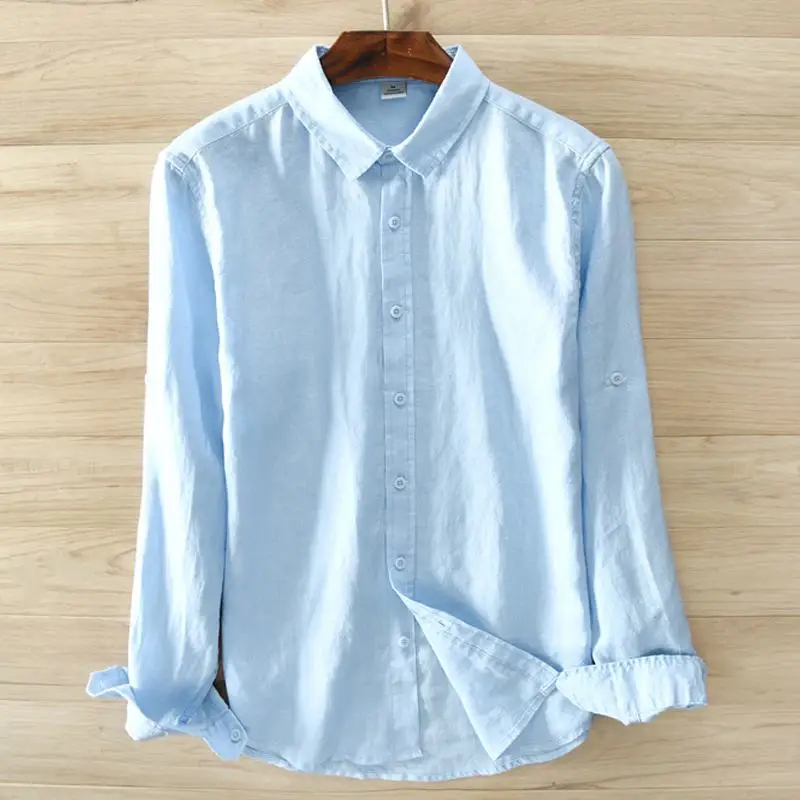 

100% Linen Shirts 2020 Spring New Mens Long Sleeve Shirts Casual Solid Color Autumn Clothes Lapel Male Fashion Slim Tops S-3XL
