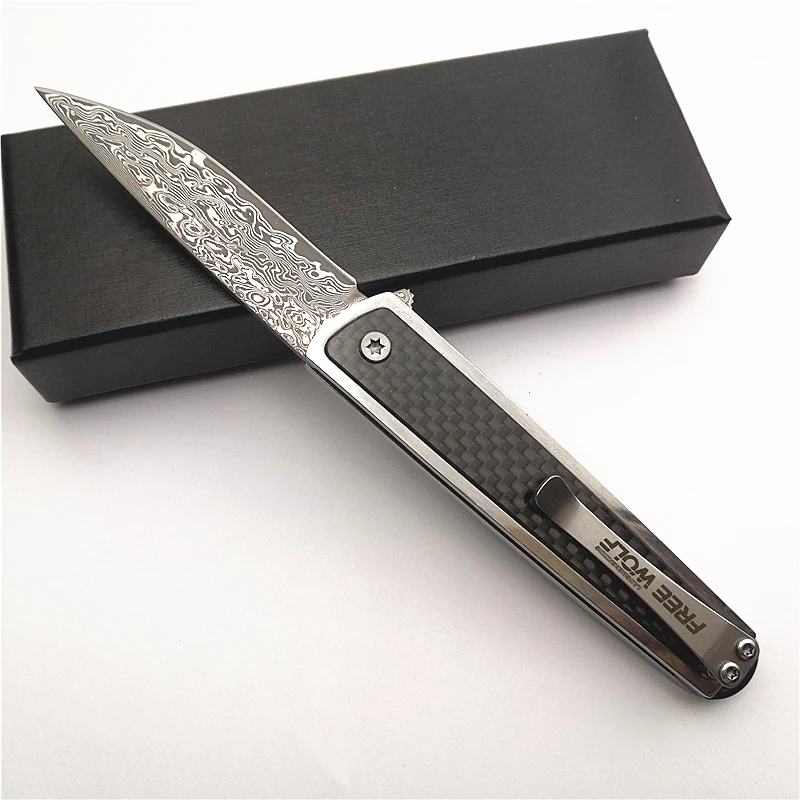 Новинка дамасское лезвие Free Wolf FW03 ручка из углеродного волокна Flipper