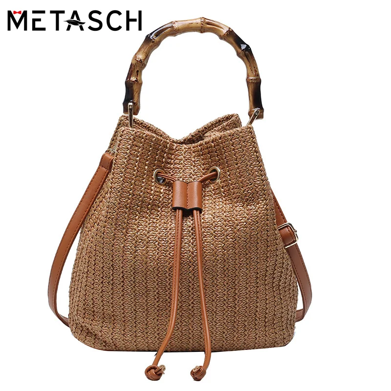 

METASCH Woven Straw Ladies Bucket Bag Summer Beach Crossbody Bag Women Retro Phone Travel Shoulder Bags Mini Banboo Handle