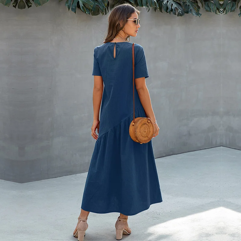 

2021 New Ladies Summer Solid Loose Elegant Long Dress Women Casual Short Sleeve O-neck Ankle-length Dress