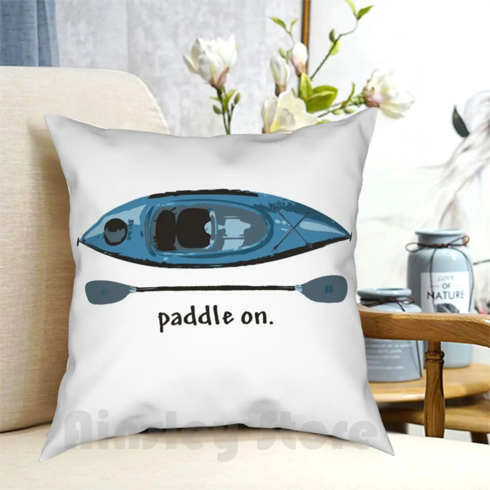 

Blue Kayak With Paddle Illustration , And " Paddle On " Text Pillow Case Printed Home Soft DIY Pillow cover Kayak Kayaking