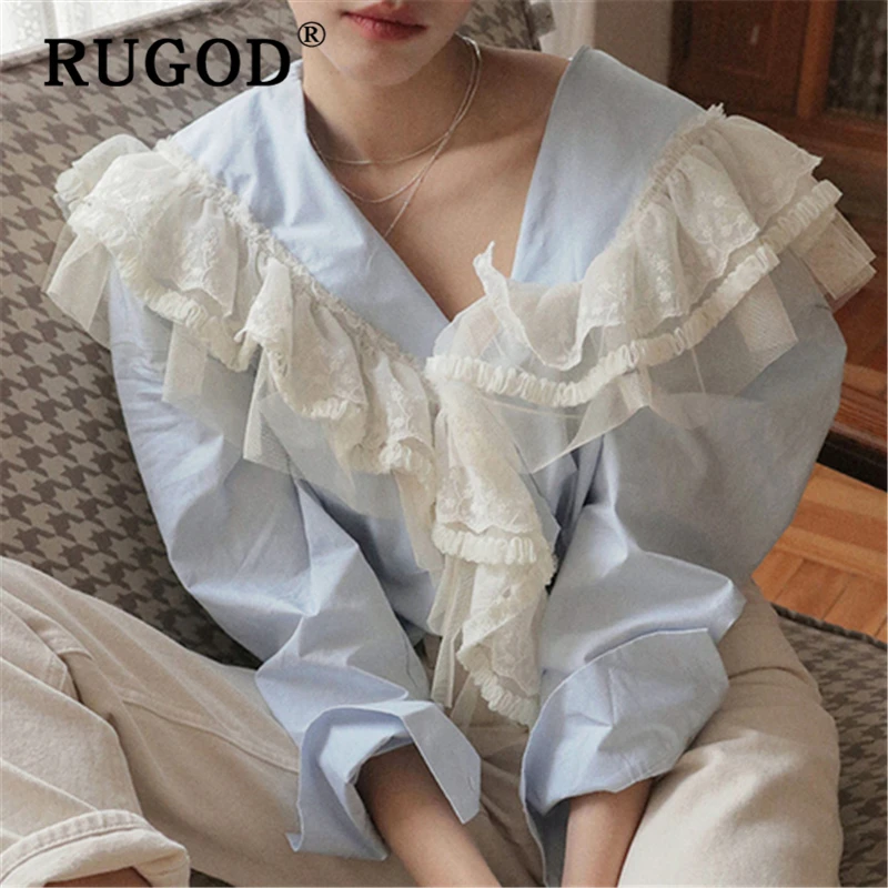 RUGOD Мода ins кружевная женская блузка корейский шик оборки v образный вырез пэчворк