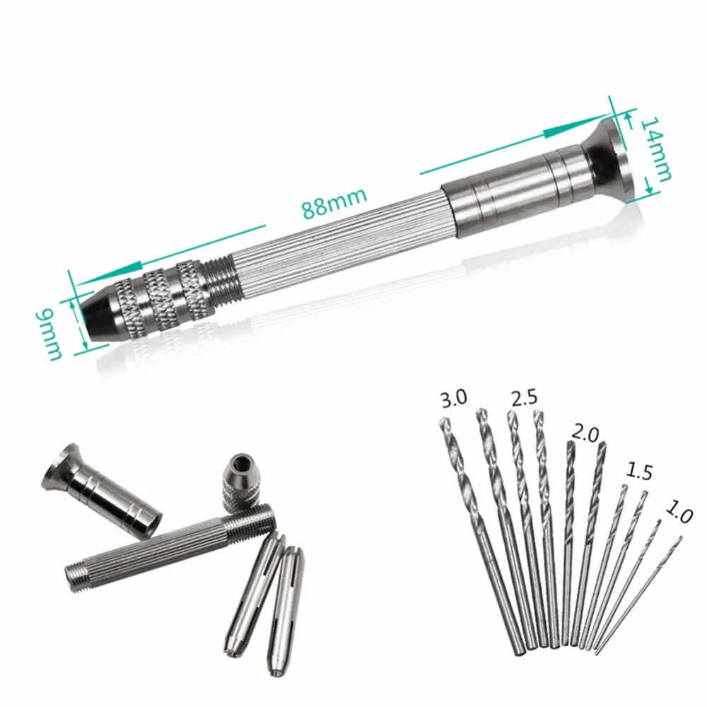 Best Quality Mini Micro Aluminum Hand Drill With Keyless Chuck +10Pcs Twist Drill Bit Woodworking Drilling Rotary Tools