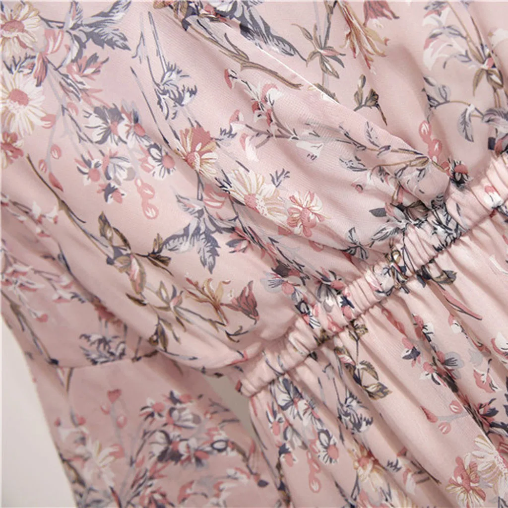 SAGACE Dress Women Casual Floral Printed A-Line Chiffon V-Neck Summer Holiday Elastic Waist Bandage Lady | Женская одежда