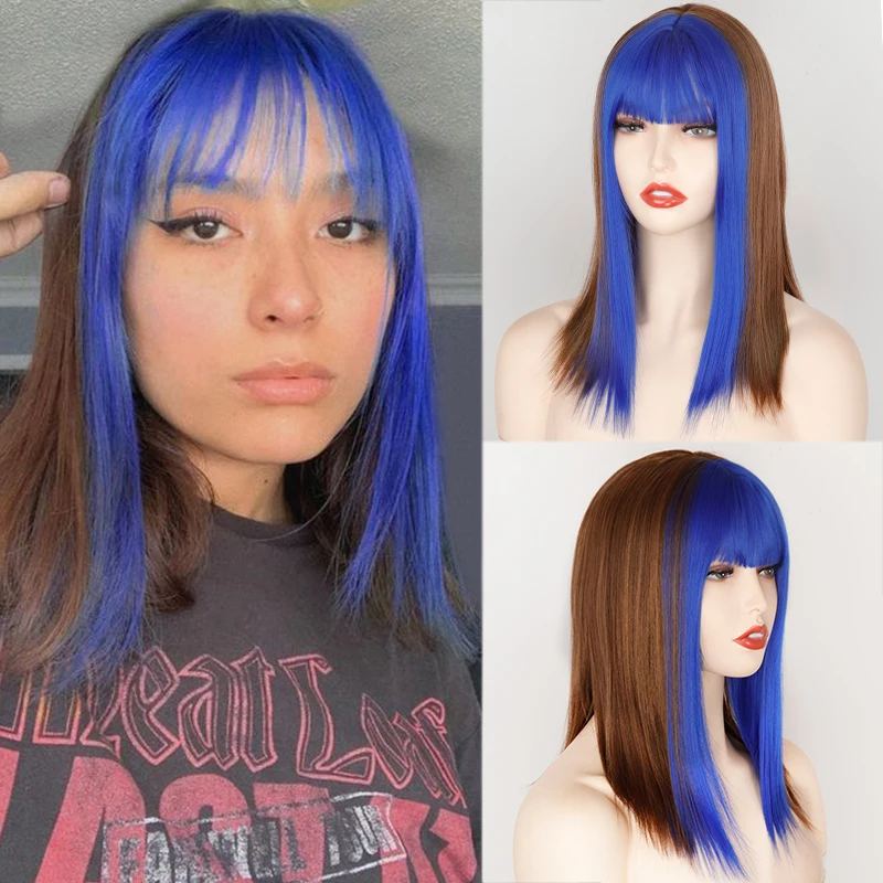 

Коричневый синтетический парик с темно-синей челкой для женщин Средний Omber коричневый синий волос многослойный термостойкий косплей вечер...