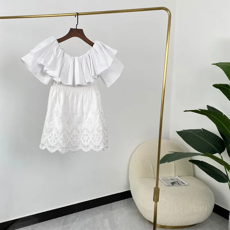 

Ladies Fashion Hollow Out Embroidery Sexy Ruffles Off The Shoulder Mini Cotton White Dresses 2021 Summer New Arrival Top Quality