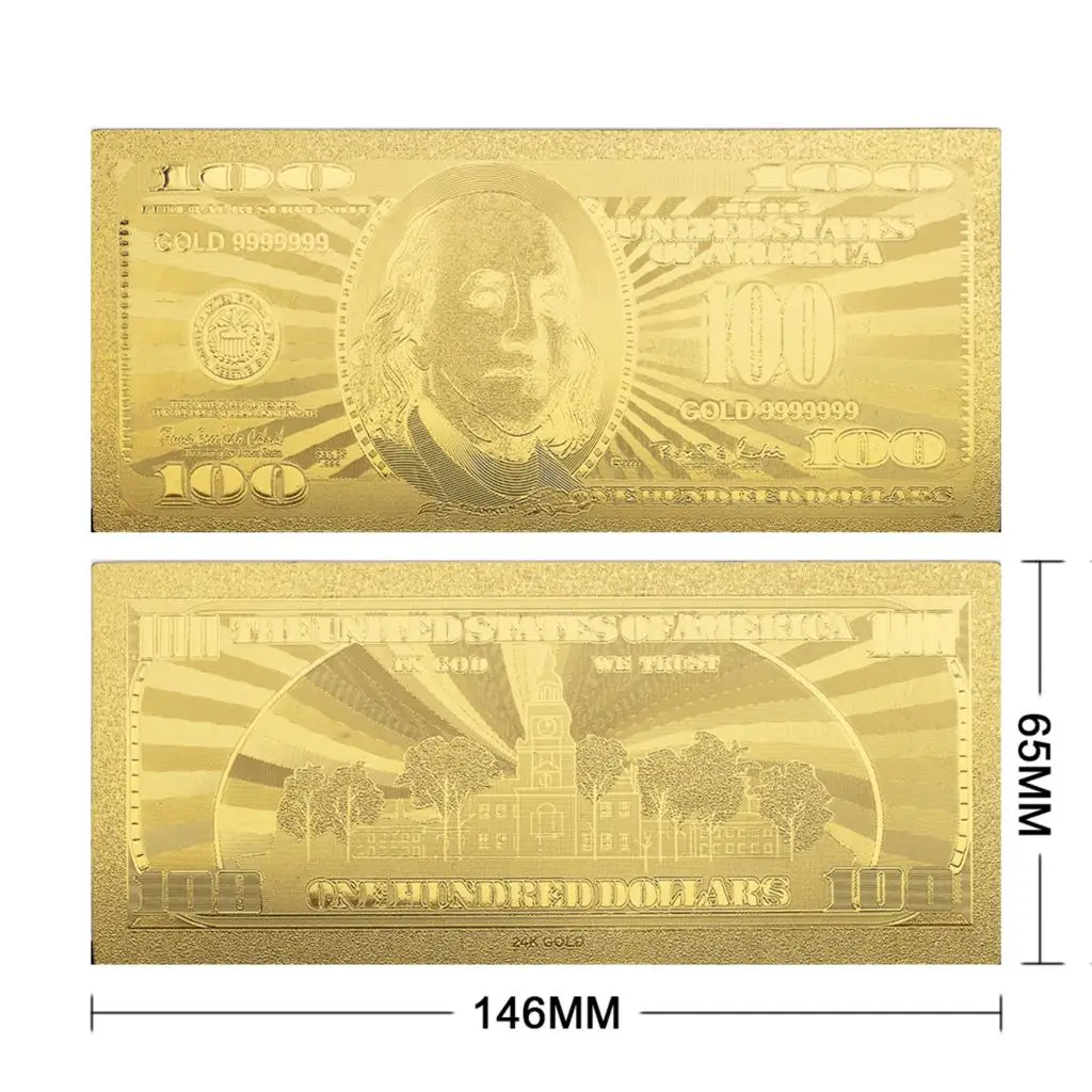 100 долларов банкнот в пластиковой рамке 24 карата золотого цвета Счастливого