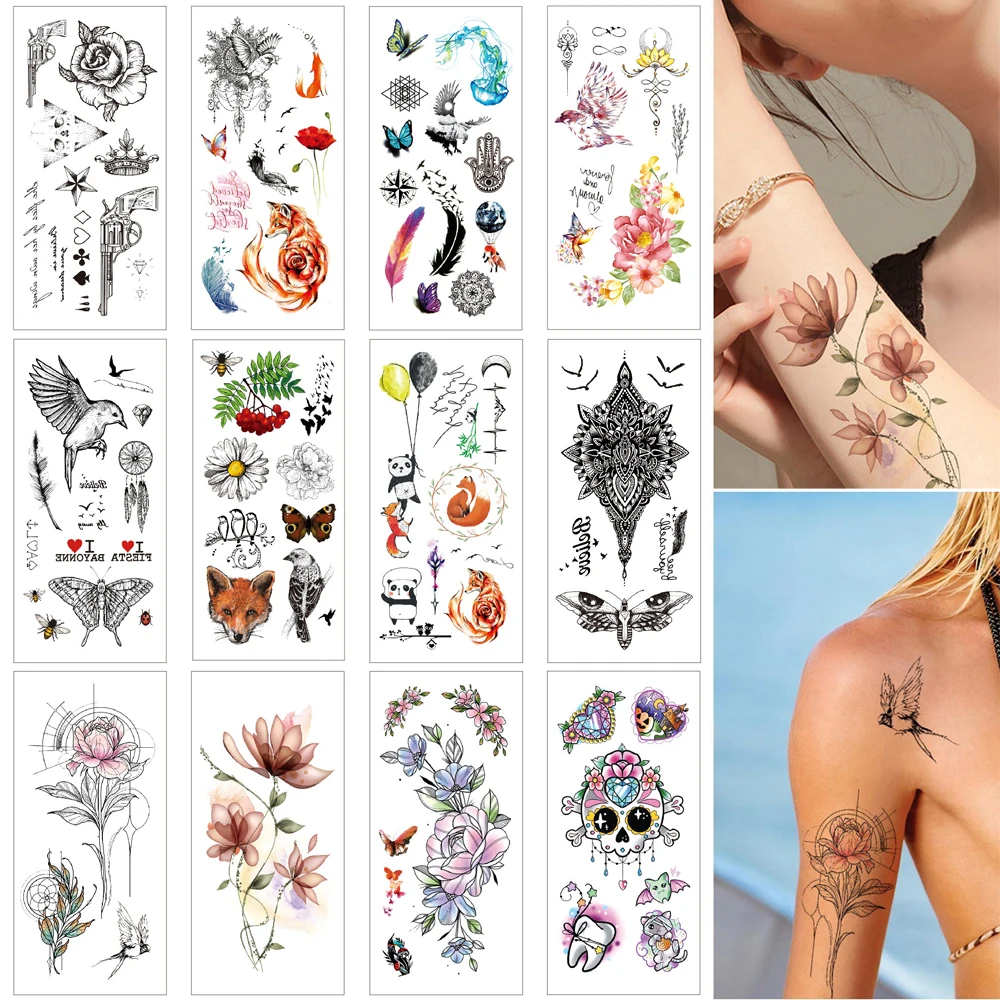 Акварельные временные тату наклейки Розовый Красный цветок бабочка