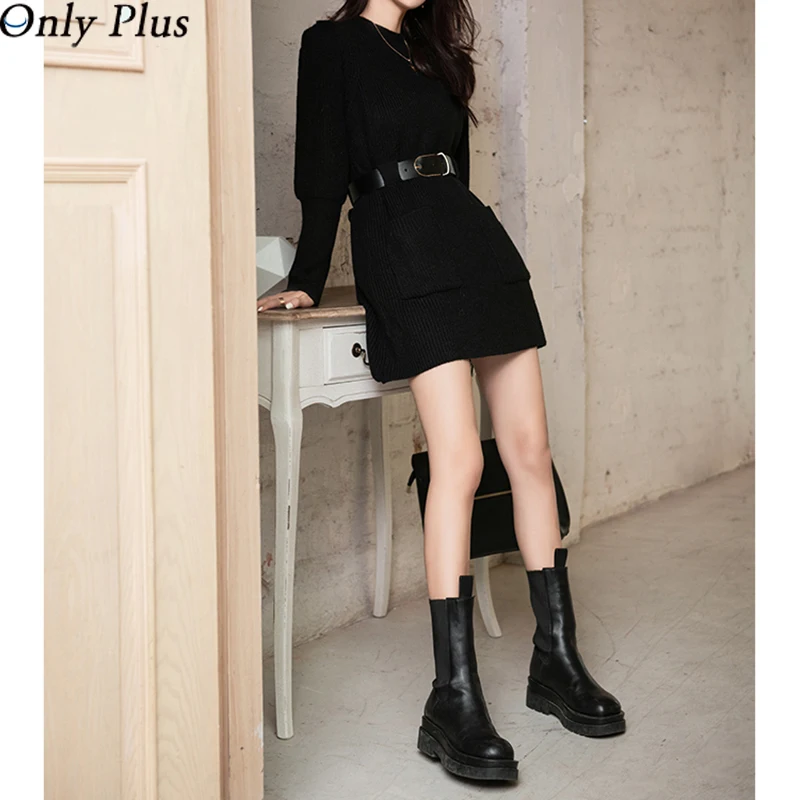 

Only Plus Straight women solid warm dress Knitted Beige Bishop Sleeve Cable Knit Belted ladies work Dress Women Winter Chic 2021