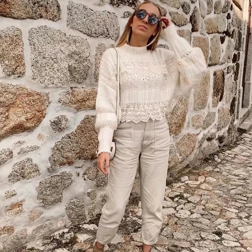 Fashion Womens Winter Sweaters long sleeve chic white Knit Pullover hollow out casual Jumper Streetwear Clothes | Женская одежда