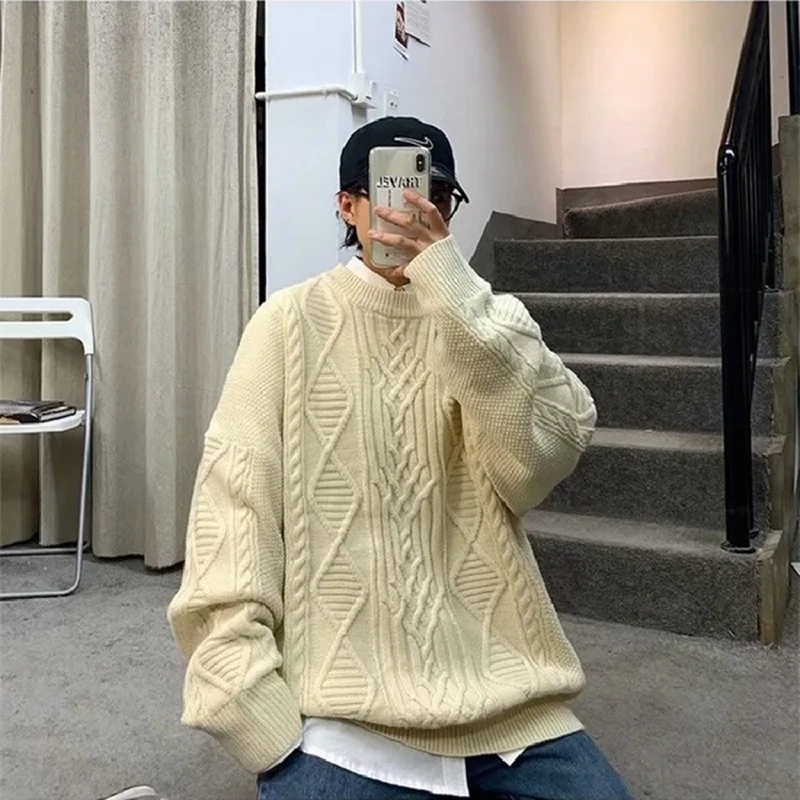 

Boys Winter Sweater Round Neck Korean Version Of Loose Knit Sweater Thick Line Clothes Lazy Style Pullover Top Trendy Coat