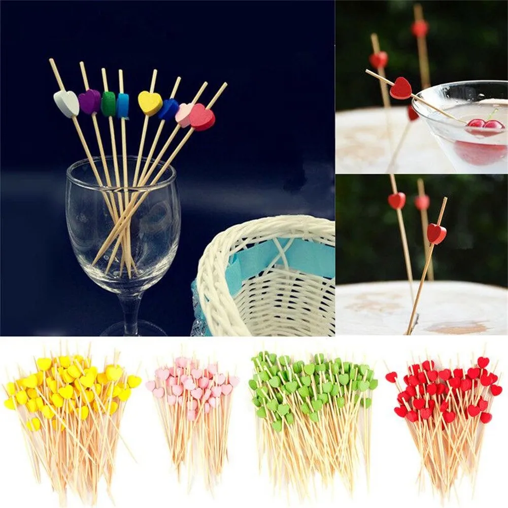 

100PCS Disposal Bamboo Toothpicks Fruit Salad Buffet Picks Colorful Loving Heart Shape Fruit Cake Toothpicks Kitchen Tools