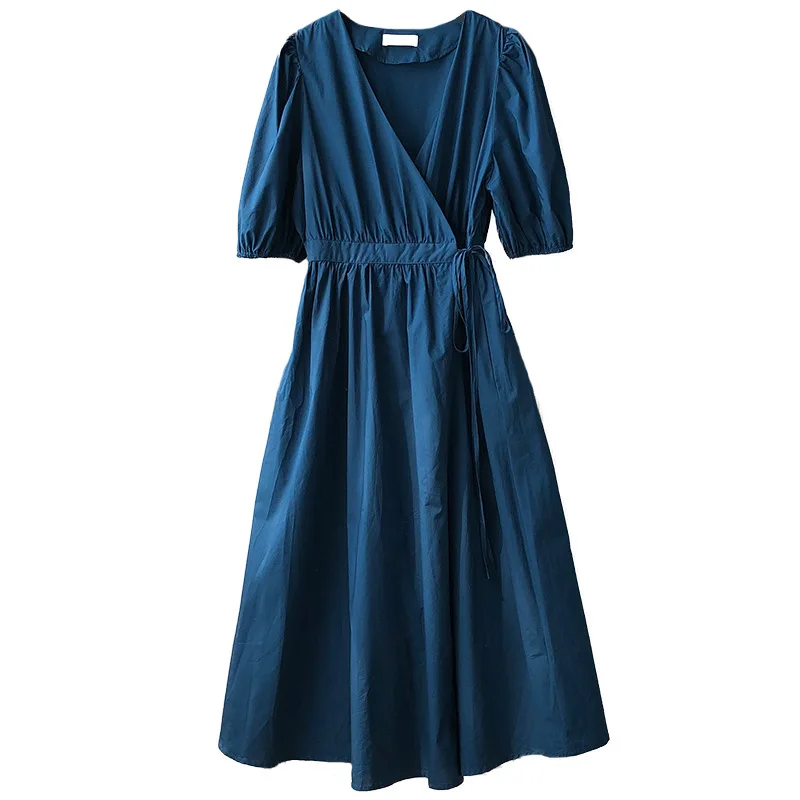 

2021 Summer Puff Sleeve Blue White Dress Women's New Korean Retro High Waist Hepburn V-neck Shirt Dress