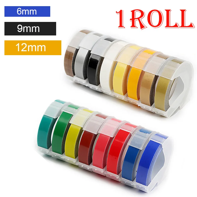 

1Roll 6/9/12mm 3D Embossing PVC Label Tapes Compatible Dymo 1610 1880 12965 Manual Label printers for Motex E101 Label Makers