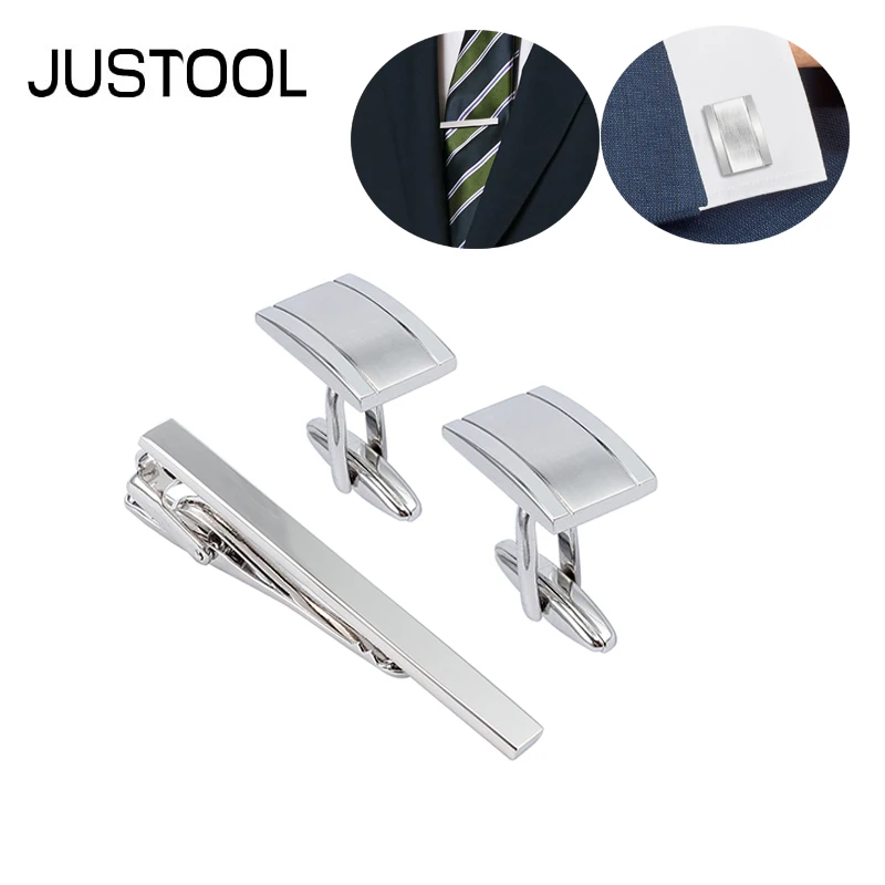 

JUSTOOL 6cm Mens Silver Tie Clip Pair of Cufflinks Set For Men's Gifts clip set For wedding groom Party