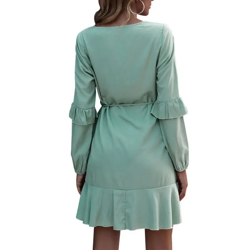 

Women Ladies Solid Long Sleeve Ruffle Casual Party Office Mini Dress Size 8-14