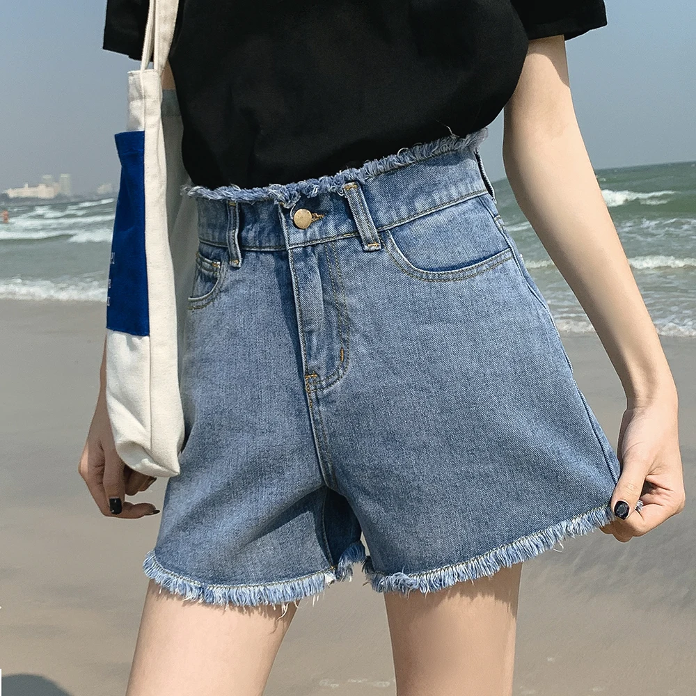 

Summer New cool women denim shorts fashion tassel burr hem shorts High Waist Wide Leg with pockets casual women shorts