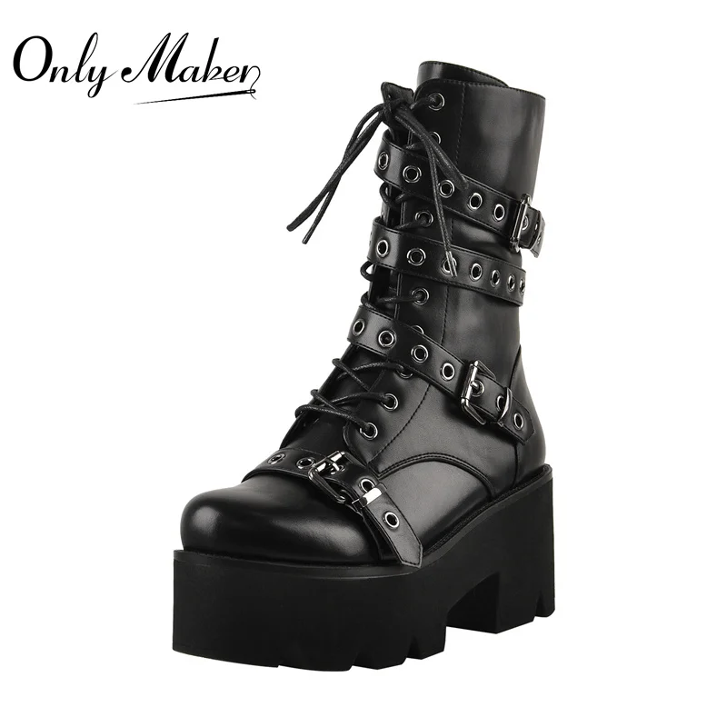 

Onlymaker Women's Black Platform Lace-Up Ankle Boots Matte Rivet Buckles Decoration Chunky High Heel Side Zipper Fashion Bootie