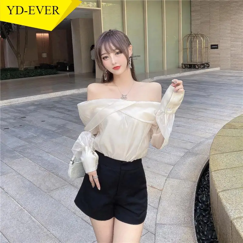  Slash Neck Long Sleeve Shirt Women Elegant Off Shoulder Korean Chic Blouse See Through All-match Tops Blusas Mujer | Женская одежда
