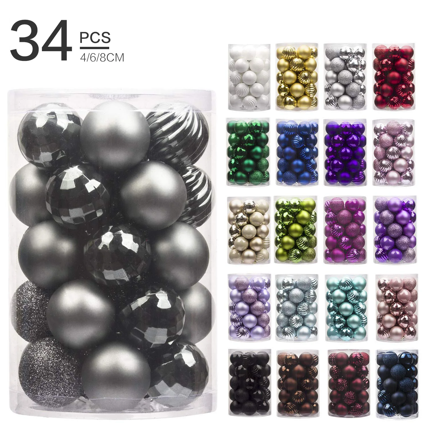 

34Pieces 4cm/6cm/8cm Plastic Multicolor Ball Xmas Tree Hanging Pendants Ornaments Colorful Christmas Balls New Year 2021 Gift