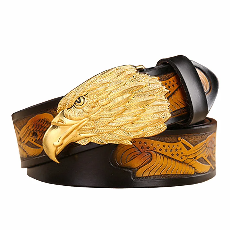 Кожаный мужской ремень Повседневный с головой орла золотой гладкая Пряжка для
