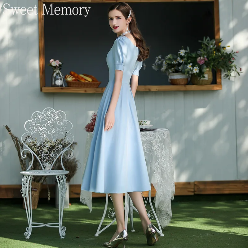 

Sweet Memory Gray Blue A Line Bridesmaid Dresses 2021 Women Vestido Chiffon Longo V-Neck Half Sleeve Formal Wedding Party Dress