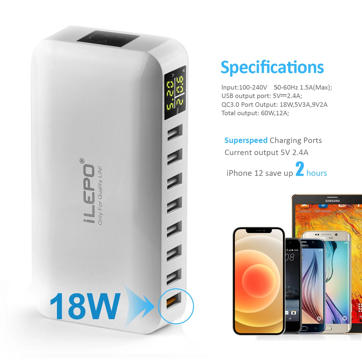 ILEPO 60 Вт 8 портов USB быстрое зарядное устройство QC3.0 HUB умная Быстрая зарядка со