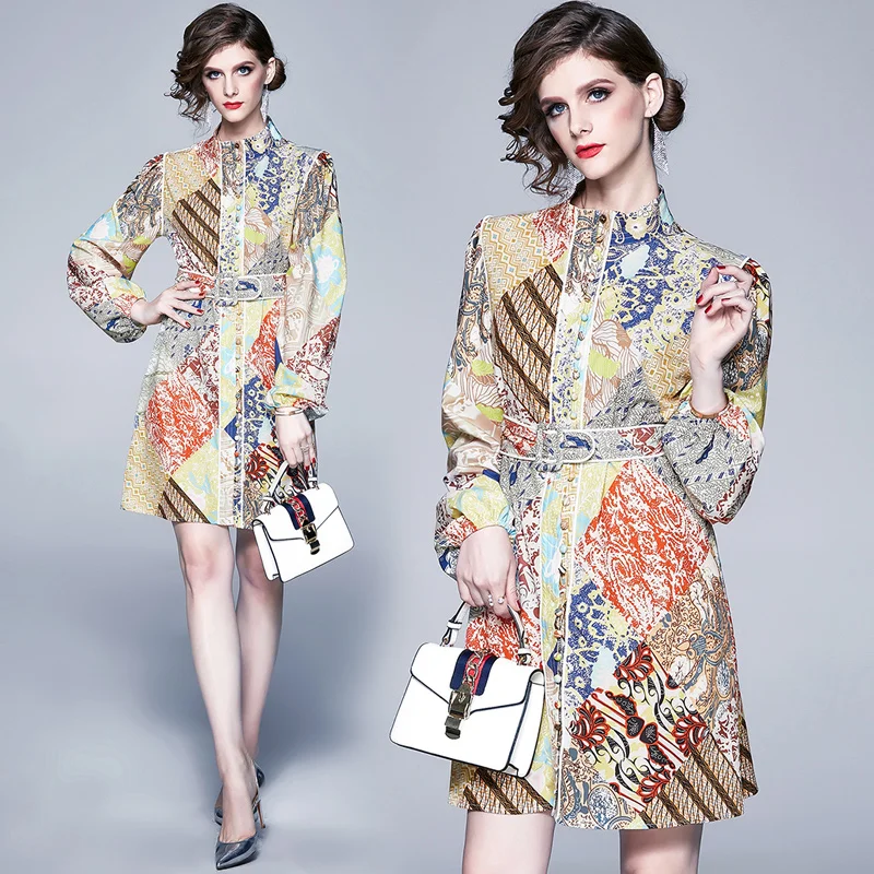 

Simgent Blouse Dress Women Belted Print Buttons Stand Collar Minid Dress Fashion Clothing Vestidos Blouse Jurkjes SG1373