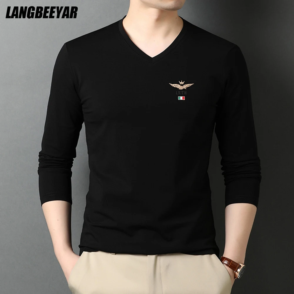 

Top Quality New Fashion Brand Plain V Neck Long Sleeve t Shirt Men Cotton Black 95% Cotton 5% Spandex Casual Men Clothes 2021