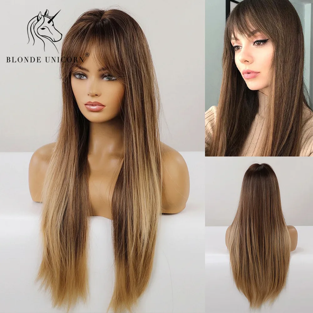 

Blonde Unicorn Natural Long Straight Synthetic Hair Wigs Dark Root Ombre Brown for White Black Women Heat Resistant Fiber