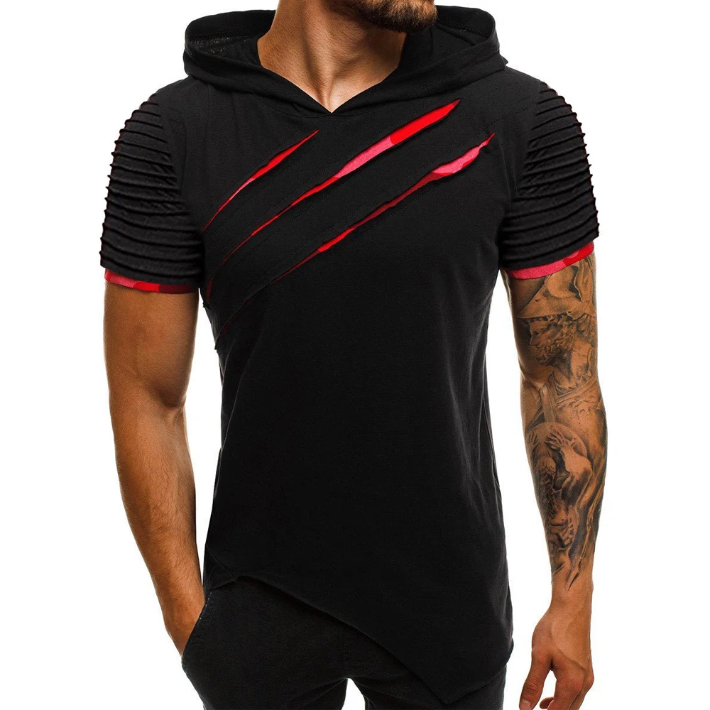Мужские облегающие футболки с коротким рукавом капюшоном топы Повседневная