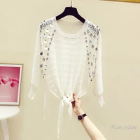 pullovers womens spring autumn new korean style exquisite rhinestone sequined long sleeved tied hollow sweater loose top