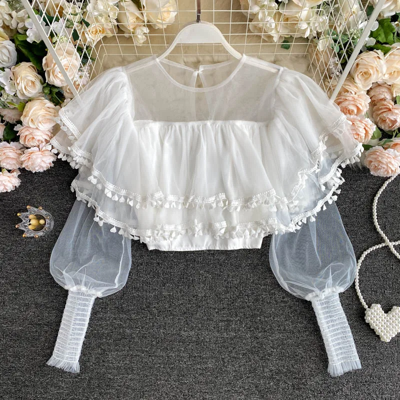 Новинка 2020 Женская шикарная милая блузка с рюшами короткий дизайн пышными