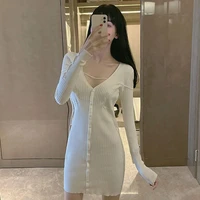 long sleeve dress autumn knitted dress korean sexy mini womens bandage dress v neck white sweater dress paty 2021 new fashion