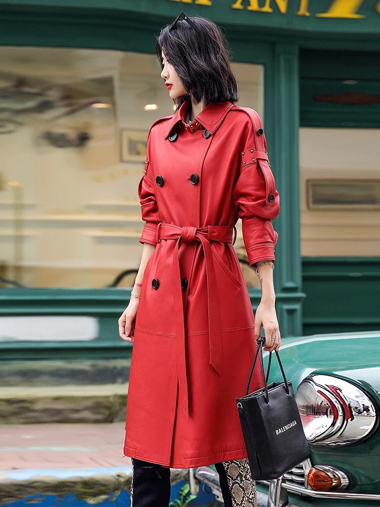 Lautaro Весна Осень Длинный Красный Синий Тренч из Искусственной Кожи для Женщин с