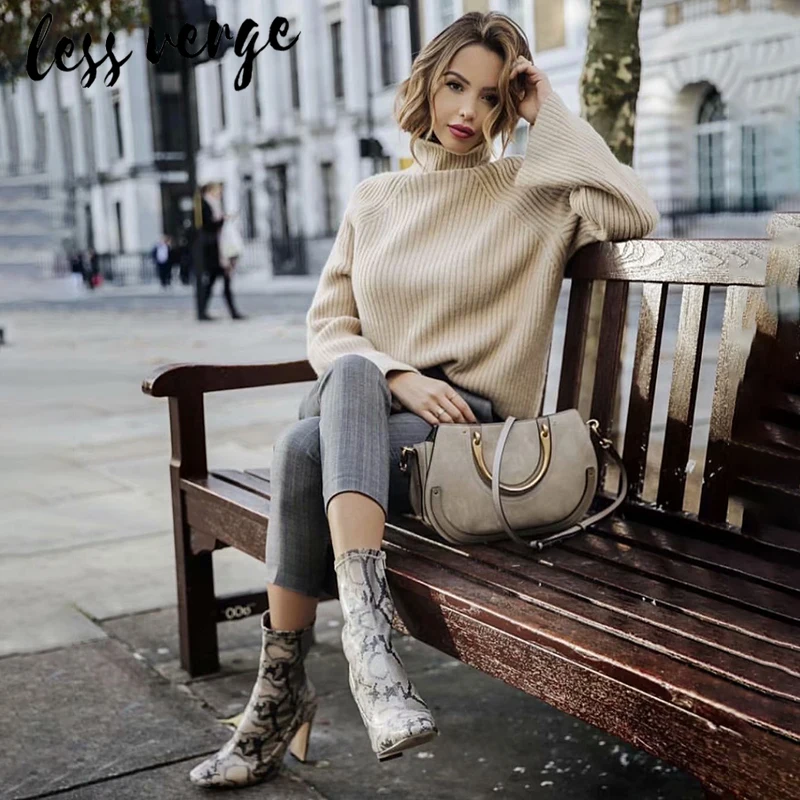 lessverge Khaki knitted christmas sweater women Long sleeve turtleneck korean winter Loose warm long pullover jumper | Женская одежда