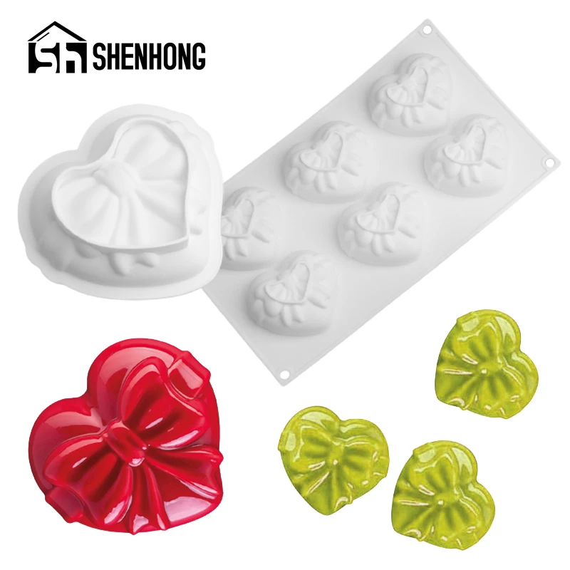 

SHENHONG 1/6 Cavity Heart-Shaped Bow Design Bakeware Set Silicone Cake Molds Valentine's Day Pastry Baking Tools Mousse Moulds