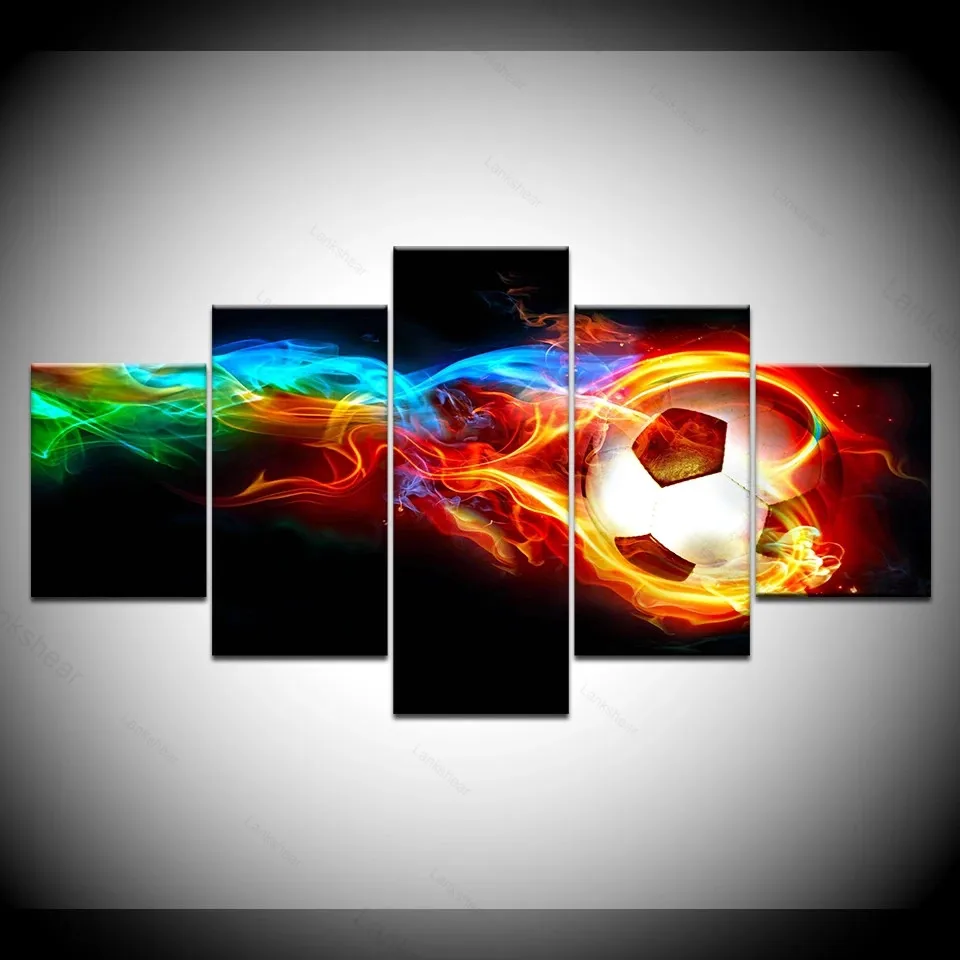 

5 Panels Canvas Wall Art-Colorful Flame Football Prints Painting for Soccer Fan Canvas Painting for Living Room Home Home Decor