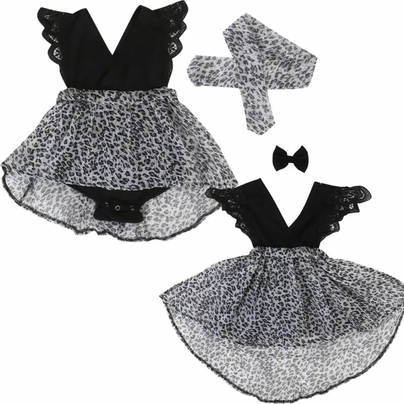 От 0 до 7 лет модная одежда для маленьких девочек Леопардовый Костюм кружевной