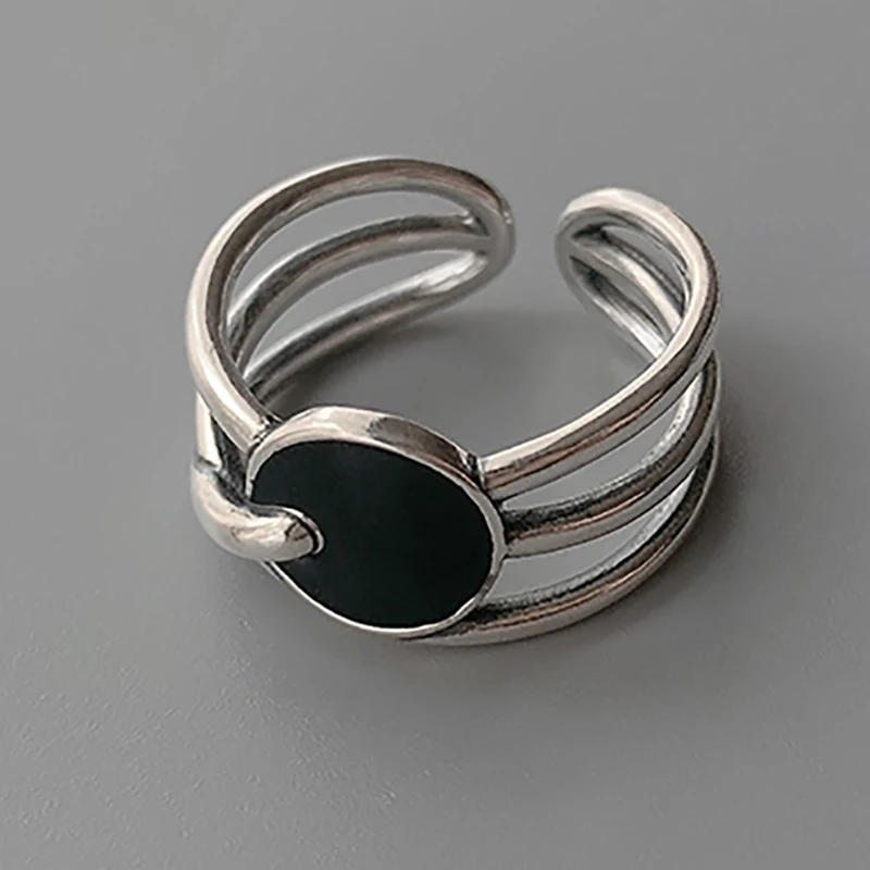 

925 Sterling Silver Black Round Irregular Stackable Line Ring For Women Adjustable Simple Designer Rings Fashion Jewelry