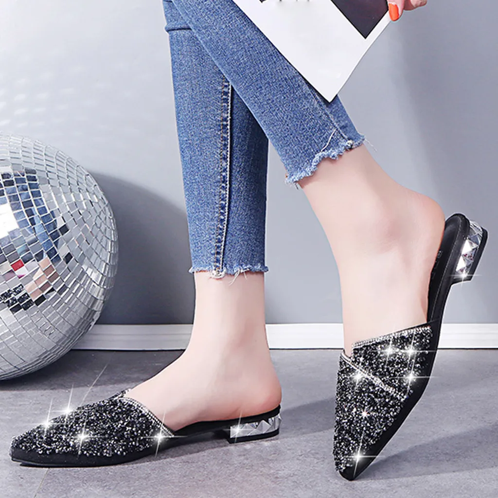 SAGACE Slippers Women Fashion Luxury 2020 Rhinestone Pointed Toe Low Heeled Hot Sale Ladies Summer Casual Beach Shoes | Спорт и
