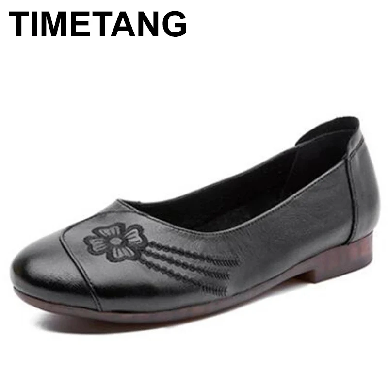 

TIMETANG Hot 2021New Embroidered Soft Cowhide Leather Shoes Woman Flat Shoes Soft Sole Comfortable Shoes Fashion Elegant Womens