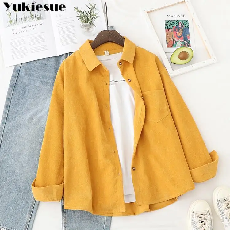 Corduroy Women Blouses Shirts Tunic Womens Tops And 2021 Womenswear Long Sleeve Clothing Button Up Down Loose White New | Женская одежда