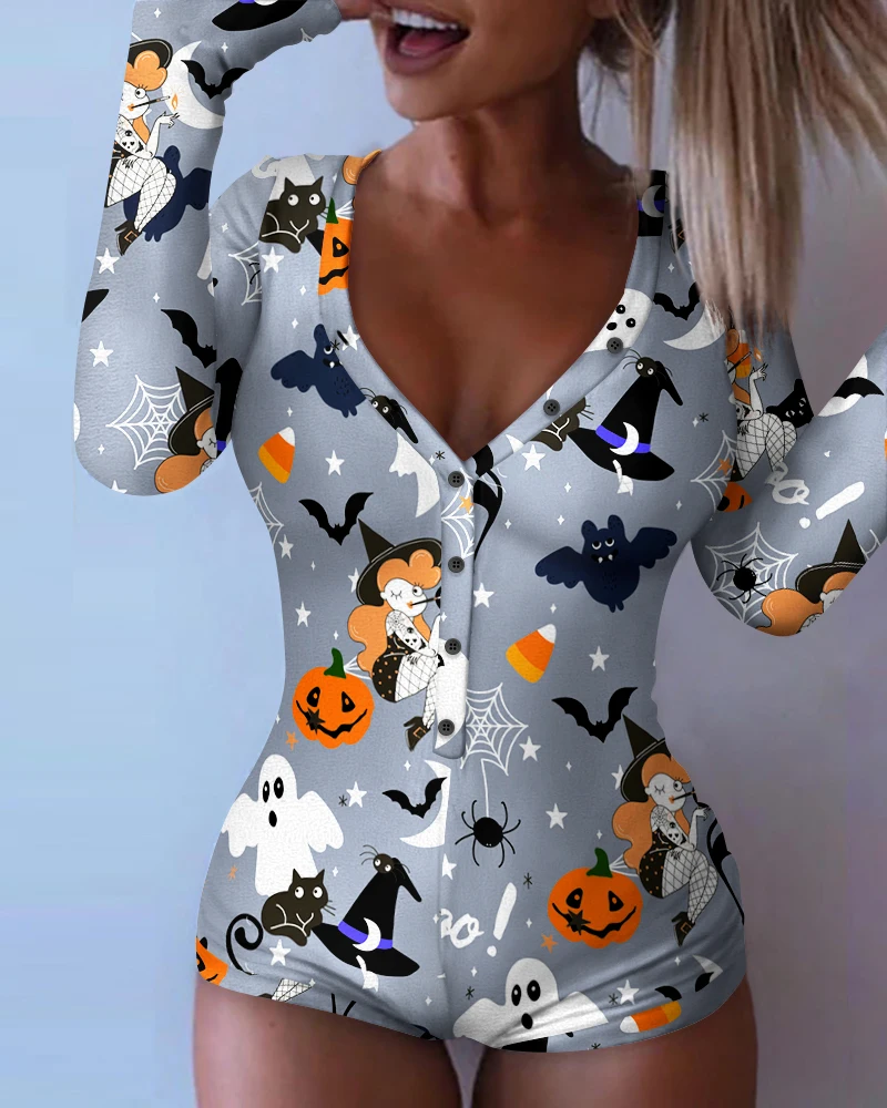 

Halloween Women Ghost Print Button Front Romper 2021 Femme Cute y2k Long Sleeve Short Bodysuit Lady Pajama Festival Costumes