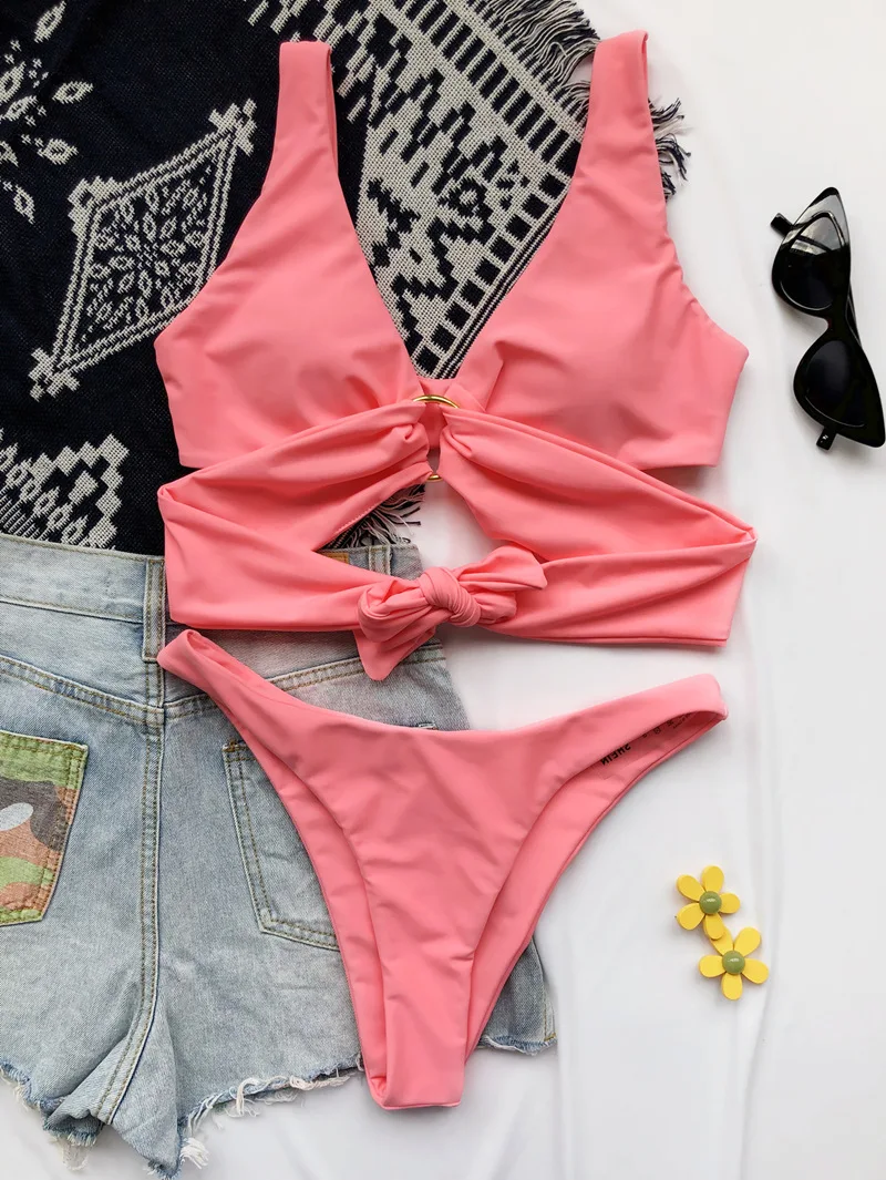 

2021 Solid High-waisted Bikini Sets Women Circle Cute Two Pieces Swimsuits Women Sexy Female Brazilian Beach Bathing Suits
