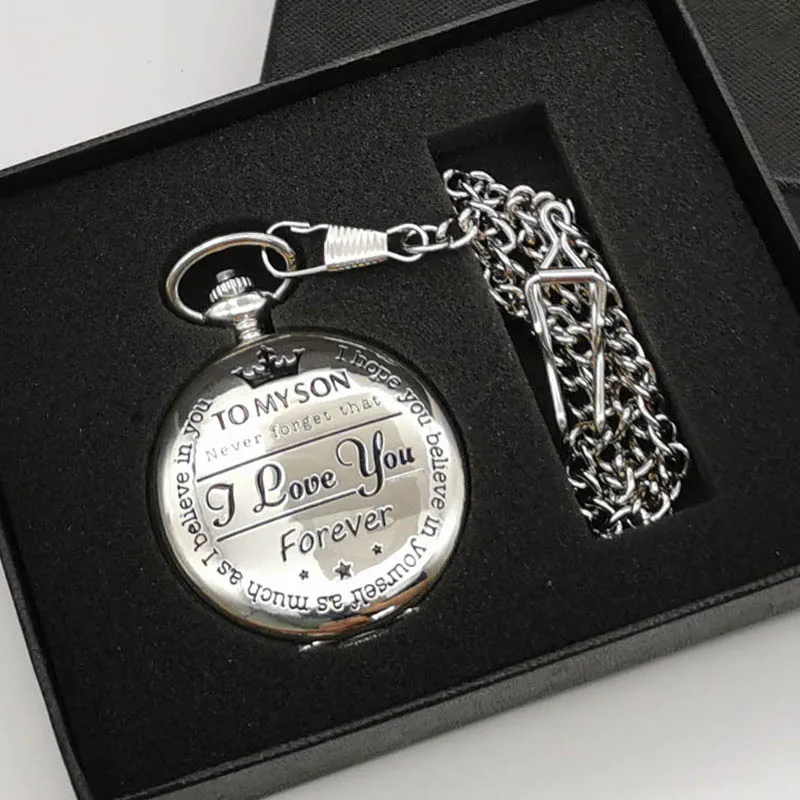 silver with box Прямая, винтажные кварцевые карманные часы Antiuqe, Лев, папа, сын, резьба, слово, одиночные, открытые, мужские, ожерелье, цепь, брелок, часы для подарка - Цвет: silver with box