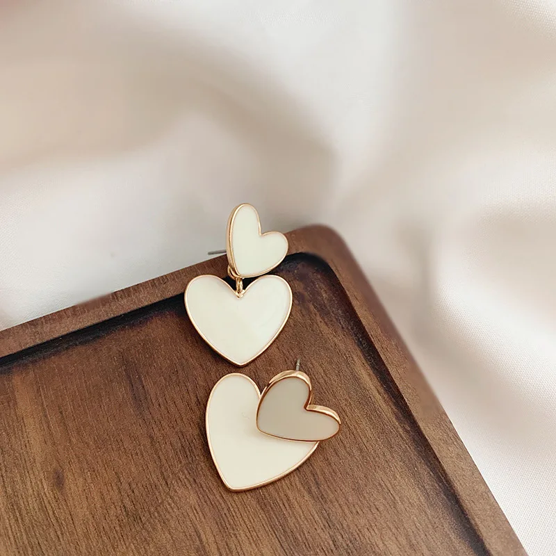 

New Fashion Heart Drop Earrings For Women White Enamel Double Heart Korean Jewelry Female Earring Girls Gift