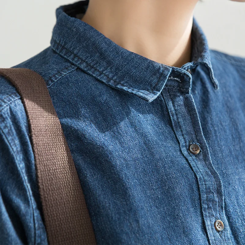 Женские джинсовые топы с отложным воротником Johnature повседневные облегающие