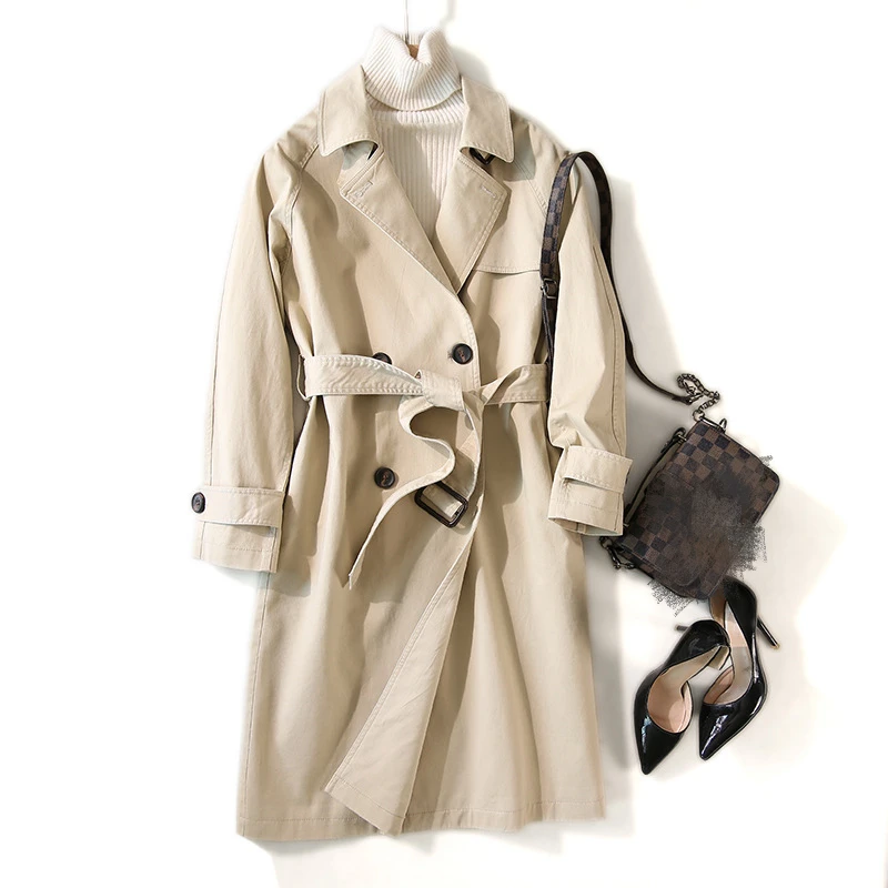 

High quality elegant trench coat for women cotton casual fashion windbreaker feminino long section 2021 spring autumn coat femme