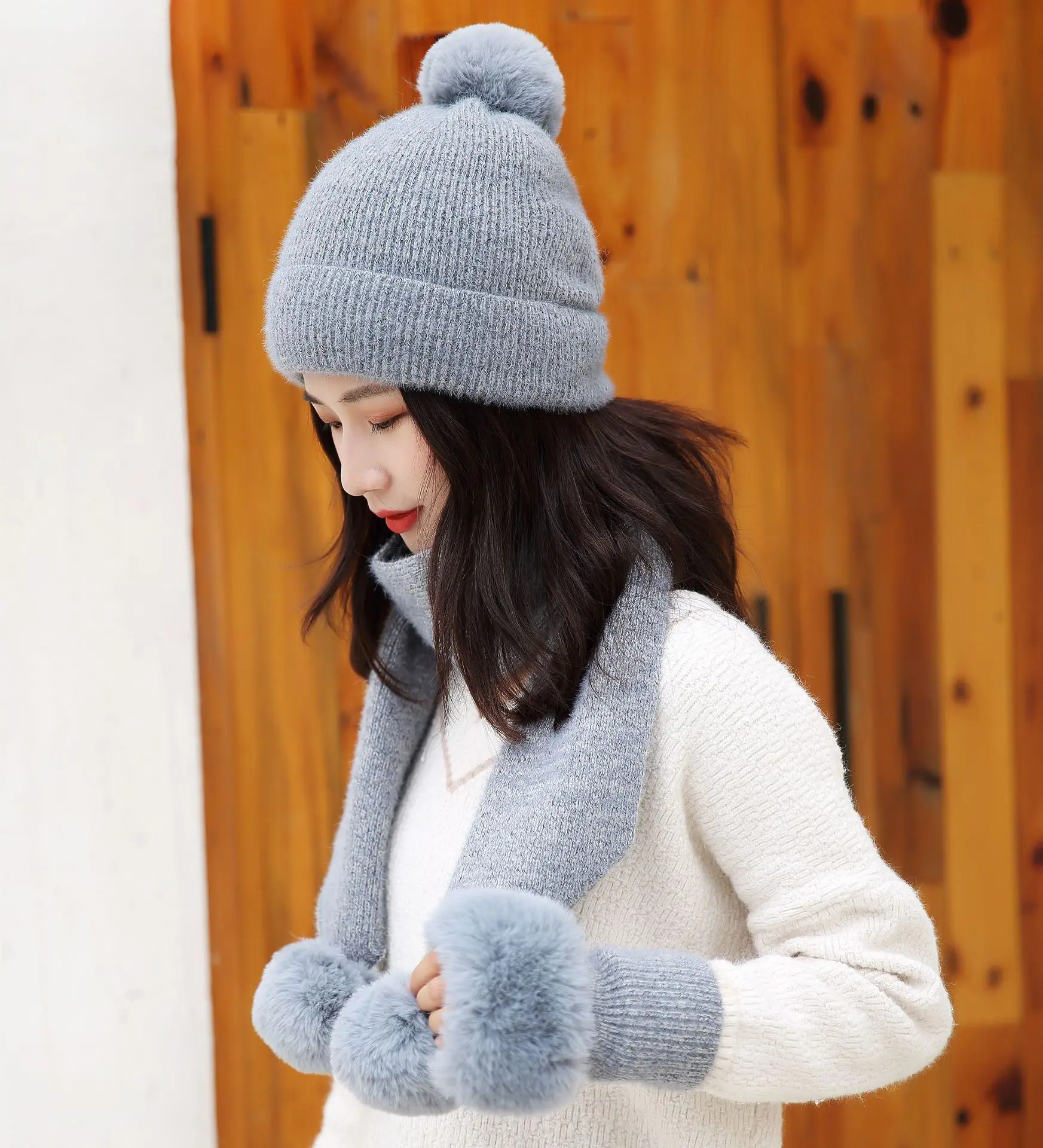 Winter Knitted Wool Hat Scarf Gloves Set Warm Three sets Women Men Plus velvet thickening women ball caps scarf girls